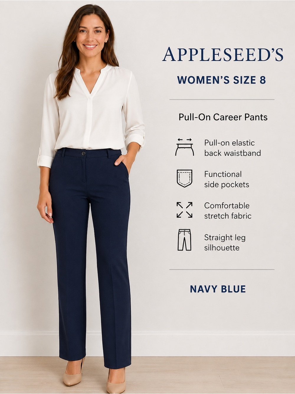 Appleseed’s Women’s navy blue Pull-On Career Pants Size 8 Stretch Straight Leg
